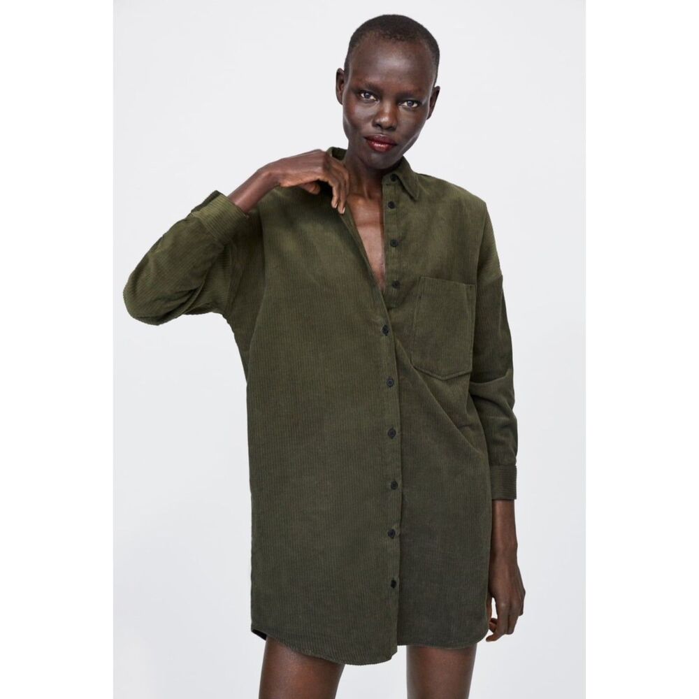 ZARA Oversized Wide-Wale Corduroy Dark Olive Shirt Dress, Sz XS